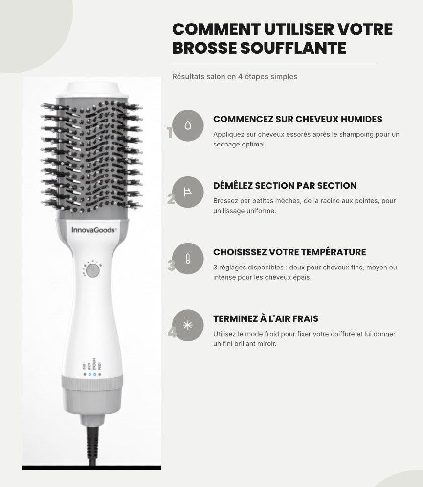 Brosse Soufflante Ionique 3-en-1 — Sèche, Dêmêle & Volume en 10 min